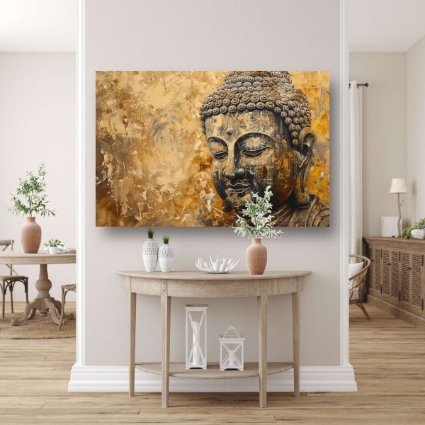 Boeddha afgebeeld in gouden en bruine tinten canvas met baklijst