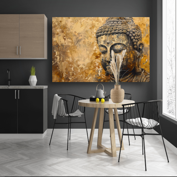 Boeddha afgebeeld in gouden en bruine tinten acrylglas