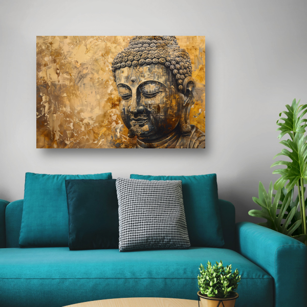 Boeddha afgebeeld in gouden en bruine tinten canvas met baklijst