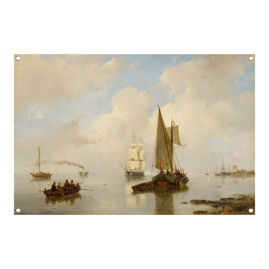 De Zeeuwsche stroomen bij stil weder, in t verschiet eene stoomboot - Andreas Schelfhout tuinposter