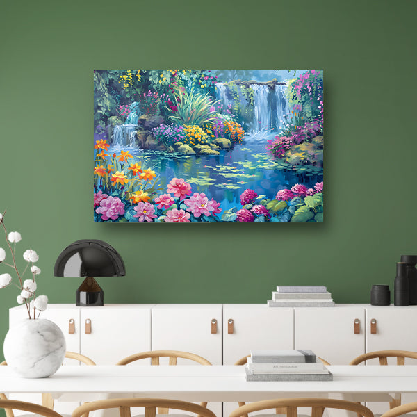 Betoverende Bloementuin met Levendige Waterval canvas