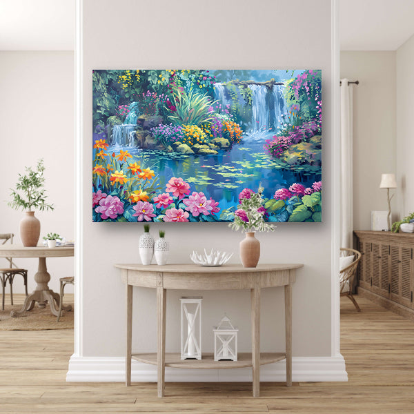 Betoverende Bloementuin met Levendige Waterval canvas