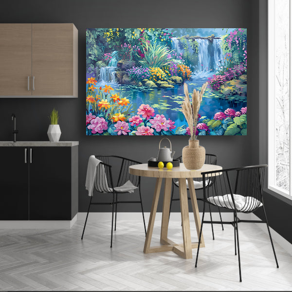 Betoverende Bloementuin met Levendige Waterval canvas