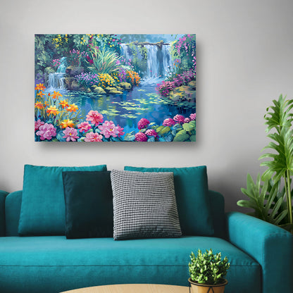 Betoverende Bloementuin met Levendige Waterval canvas