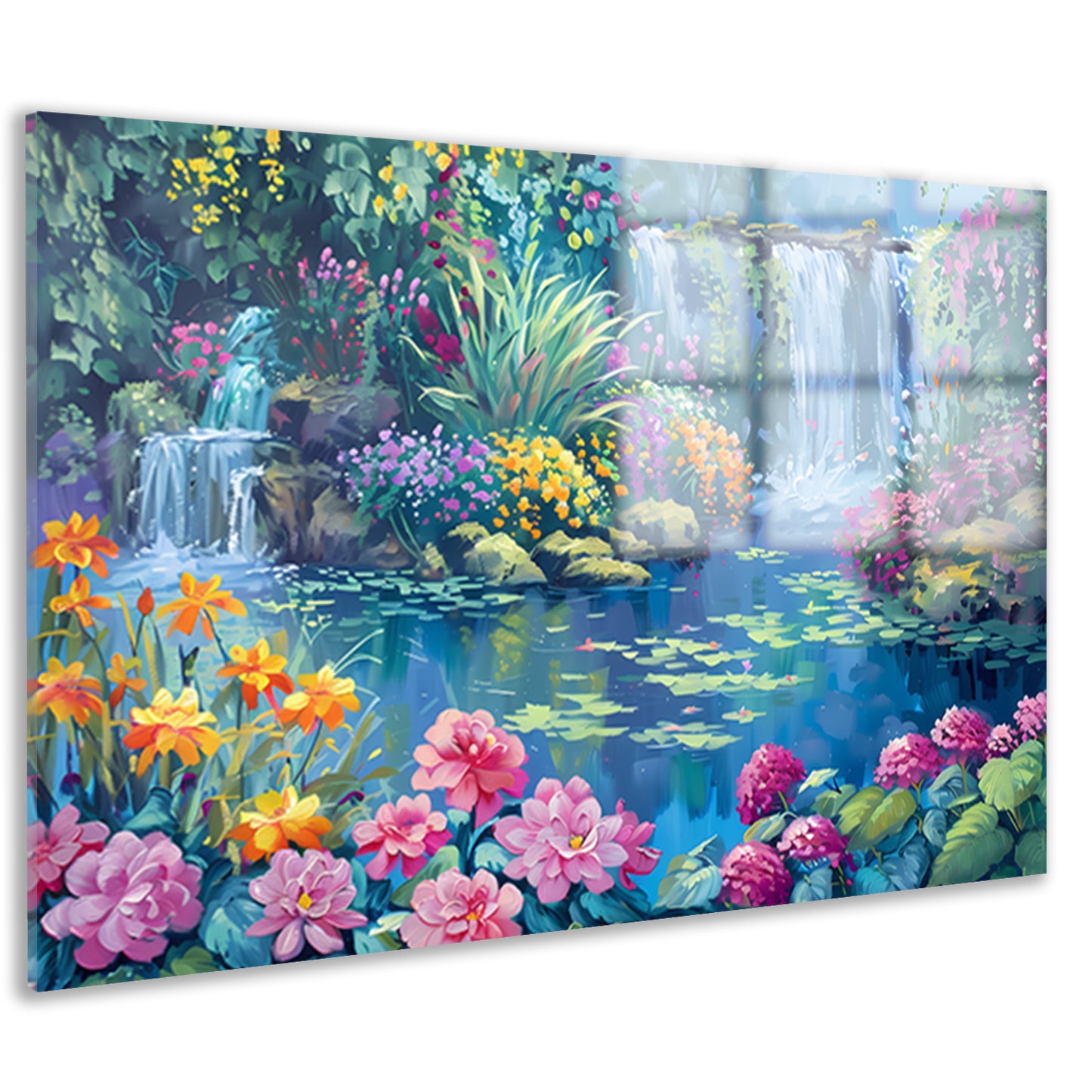 Betoverende Bloementuin met Levendige Waterval acrylglas