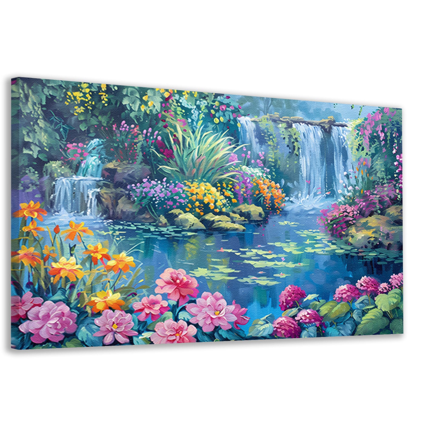 Betoverende Bloementuin met Levendige Waterval canvas