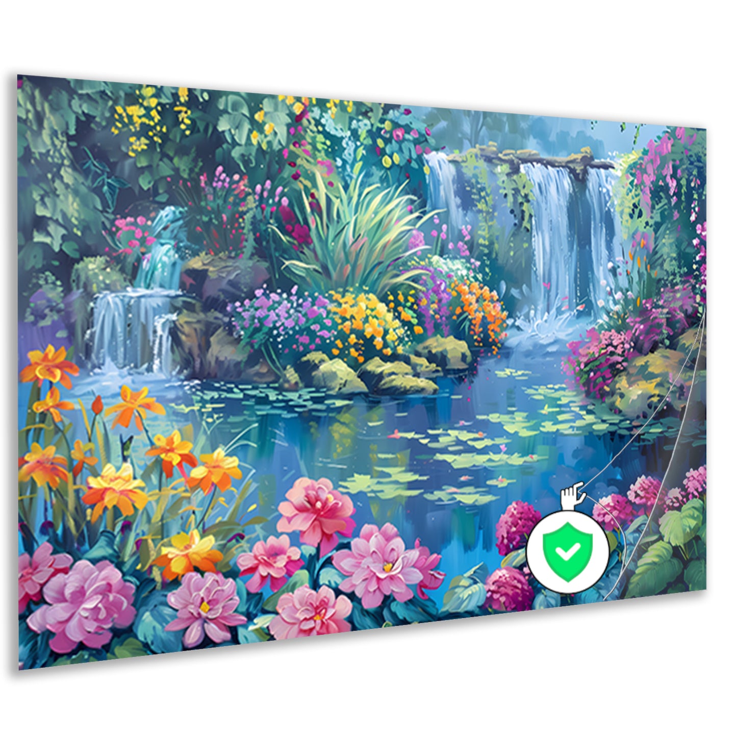 Betoverende Bloementuin met Levendige Waterval poster