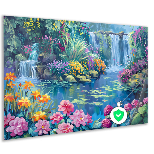 Betoverende Bloementuin met Levendige Waterval poster