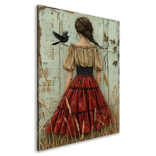 Meisje in veld met vogel canvas