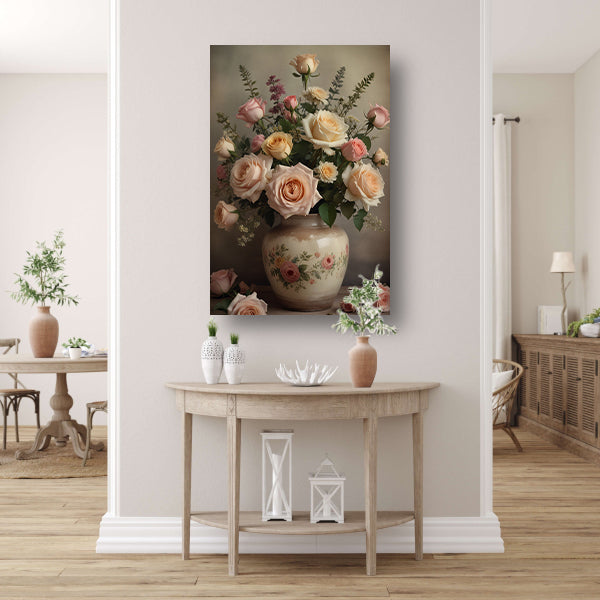 Vintage vaas met romantische rozen canvas met baklijst