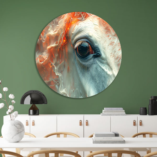Oog omringd door vurige gloed aluminium muurcirkel