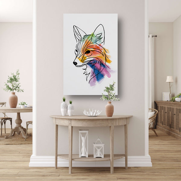 Abstracte waterkleur vos in lijnkunst canvas met baklijst