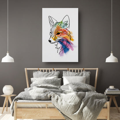 Abstracte waterkleur vos in lijnkunst canvas met baklijst