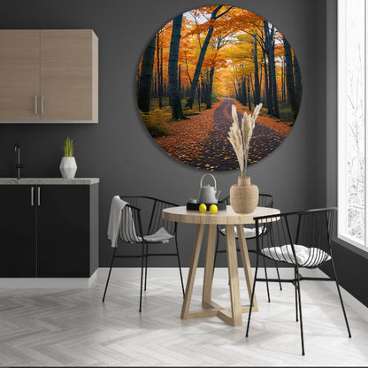 Betoverend herfstbos met kleurrijke bladeren aluminium muurcirkel