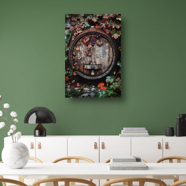 Klassiek  van wijnvat met druiven. canvas met baklijst