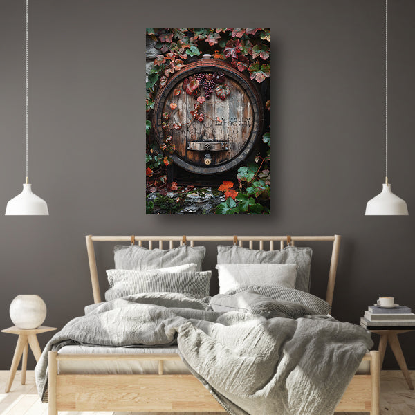 Klassiek  van wijnvat met druiven. canvas met baklijst