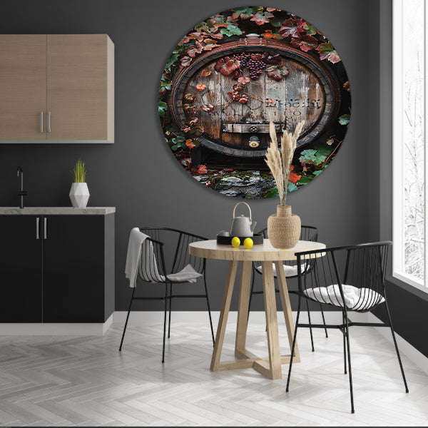 Klassiek  van wijnvat met druiven. aluminium muurcirkel