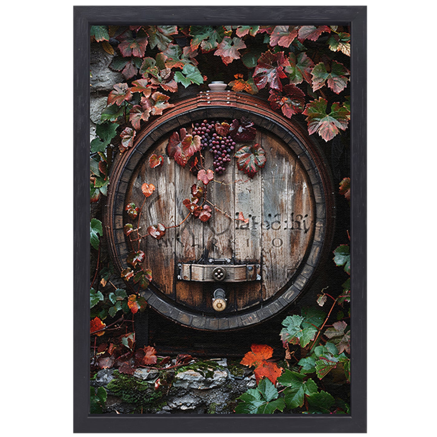 Klassiek  van wijnvat met druiven. canvas met baklijst