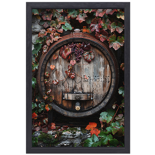 Klassiek  van wijnvat met druiven. canvas met baklijst