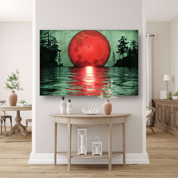 Rode zonsondergang boven serene wateren canvas met baklijst