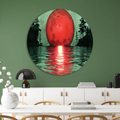 Rode zonsondergang boven serene wateren aluminium muurcirkel