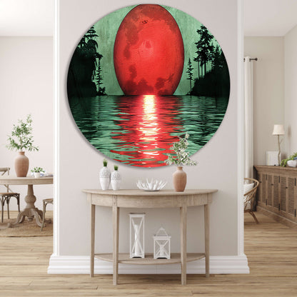 Rode zonsondergang boven serene wateren aluminium muurcirkel