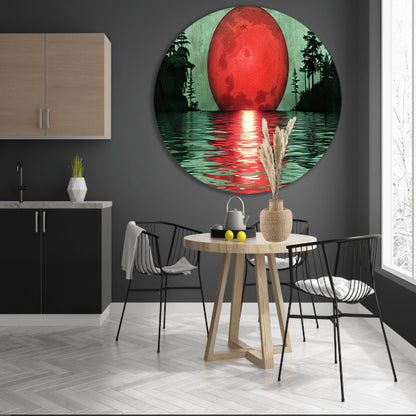 Rode zonsondergang boven serene wateren aluminium muurcirkel