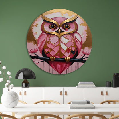 Uil met Gouden Achtergrond en Roze Veren aluminium muurcirkel