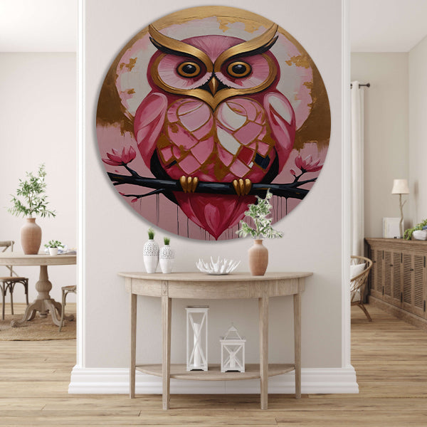 Uil met Gouden Achtergrond en Roze Veren aluminium muurcirkel