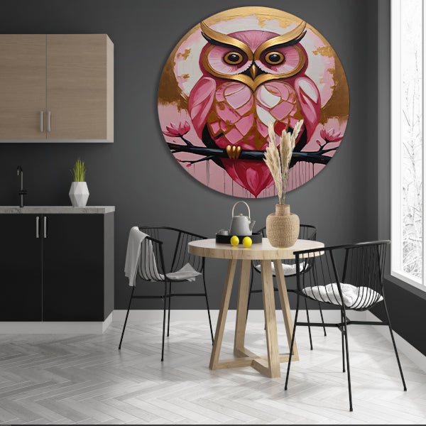 Uil met Gouden Achtergrond en Roze Veren aluminium muurcirkel