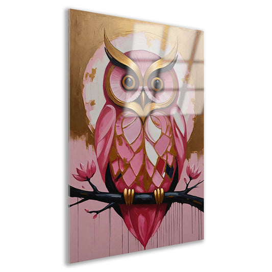 Uil met Gouden Achtergrond en Roze Veren acrylglas