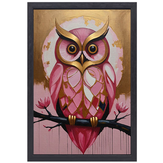 Uil met Gouden Achtergrond en Roze Veren canvas met baklijst