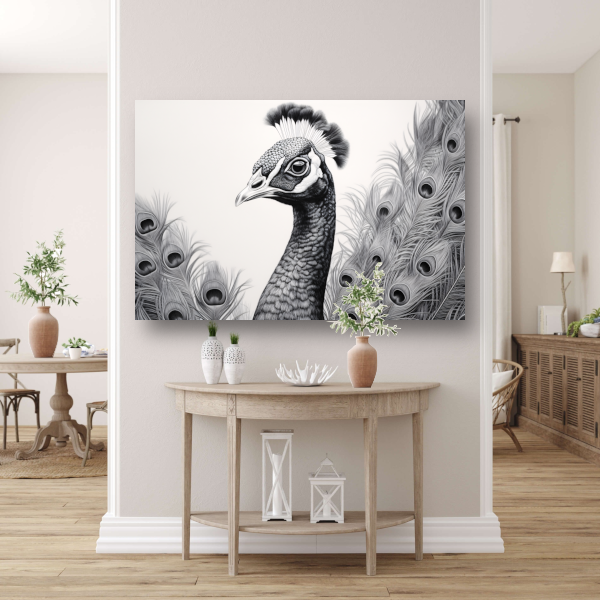 Zwart-witte pauw tekening canvas