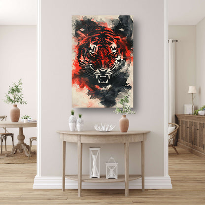 Dynamische abstracte tijger schilderij met felle kleuren poster