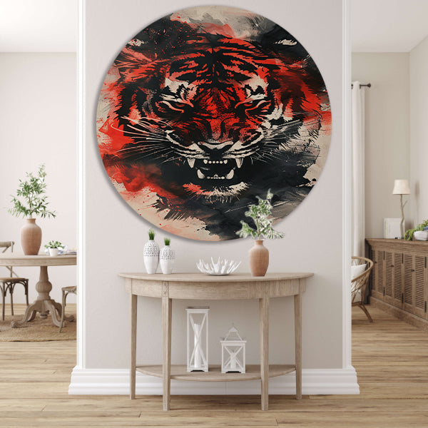 Dynamische abstracte tijger schilderij met felle kleuren forex muurcirkel