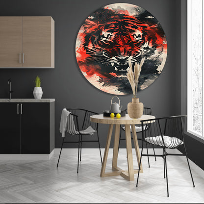 Dynamische abstracte tijger schilderij met felle kleuren aluminium muurcirkel