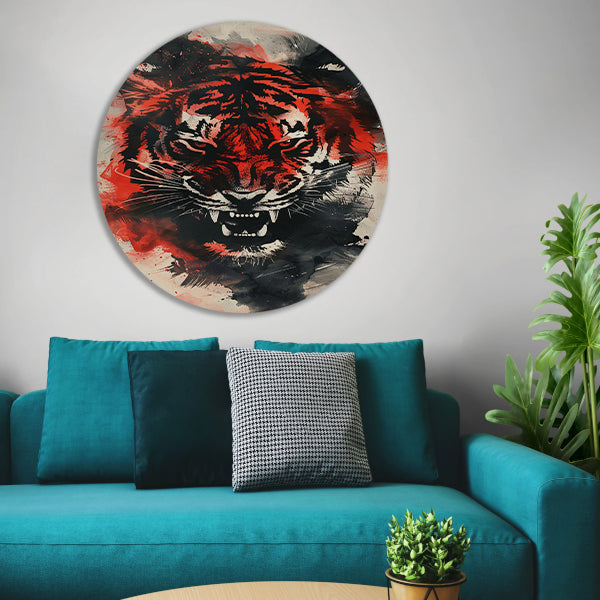 Dynamische abstracte tijger schilderij met felle kleuren aluminium muurcirkel