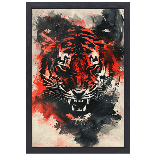 Dynamische abstracte tijger schilderij met felle kleuren canvas met baklijst