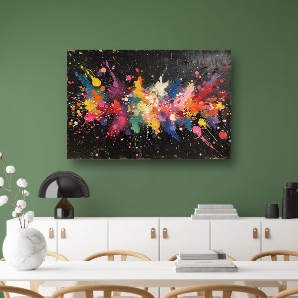 Abstract Verfexplosie op Zwart canvas met baklijst