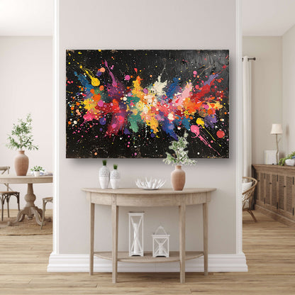 Abstract Verfexplosie op Zwart canvas met baklijst