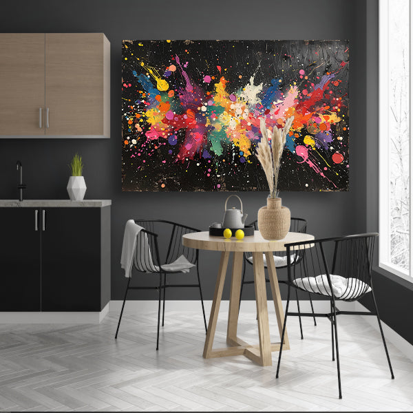 Abstract Verfexplosie op Zwart canvas met baklijst