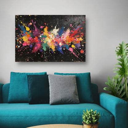 Abstract Verfexplosie op Zwart canvas met baklijst