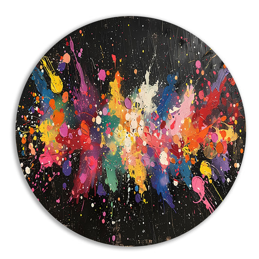 Abstract Verfexplosie op Zwart aluminium muurcirkel