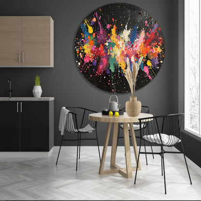 Abstract Verfexplosie op Zwart aluminium muurcirkel