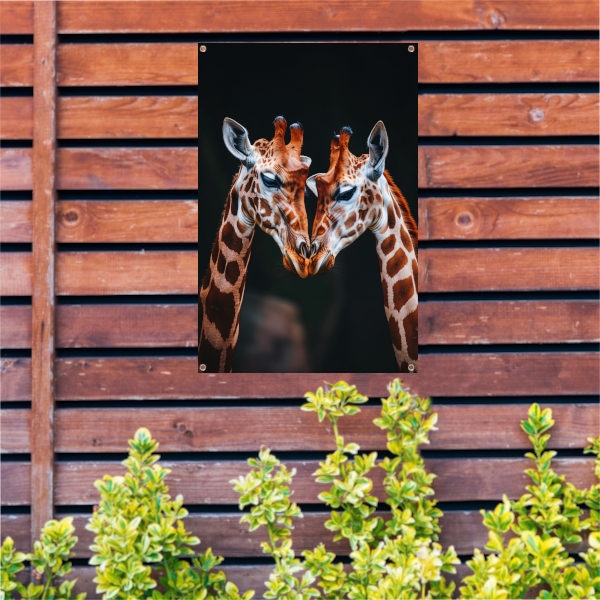Twee giraffen met donkere achtergrond tuinposter