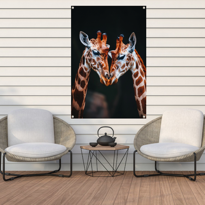 Twee giraffen met donkere achtergrond tuinposter