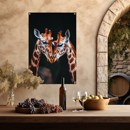 Twee giraffen met donkere achtergrond tuinposter
