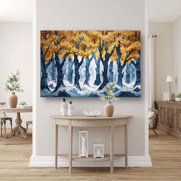 Surrealistisch bos met gouden bomen en water poster