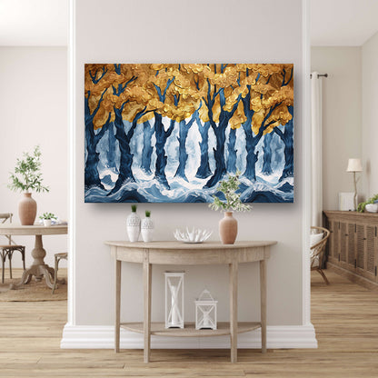 Surrealistisch bos met gouden bomen en water canvas met baklijst