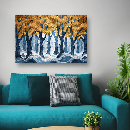 Surrealistisch bos met gouden bomen en water canvas met baklijst